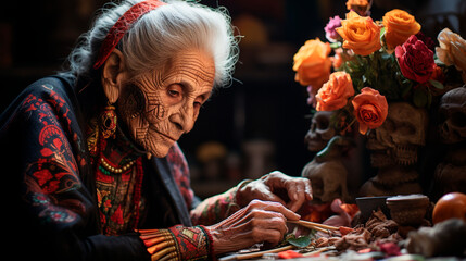 Old woman, with gray hair on her head, embroidered clothes, with a red headband, embroidering on a table, on one side a vase with cempasuchil flowers and some skulls, generative AI - obrazy, fototapety, plakaty