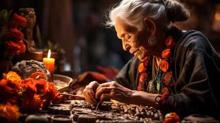 Latin elderly woman, with white hair full of gray, wearing typical clothing of the region, arranging an altar of the dead, inside her house, full of cempasuchil flowers and candles, generative AI - obrazy, fototapety, plakaty