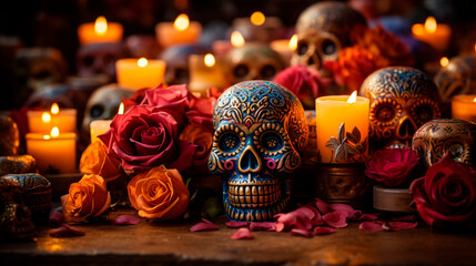 Close up of a beautiful altar of the dead, with colored skulls and warm candle lights, creating a cozy space to remember our deceased, this November 2 - obrazy, fototapety, plakaty