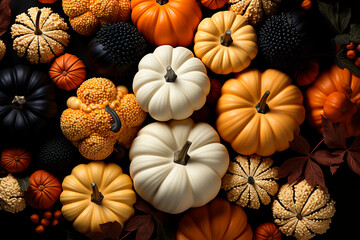 Overhead photo of a cute still life of pumpkins, on Halloween, in autumn. - obrazy, fototapety, plakaty