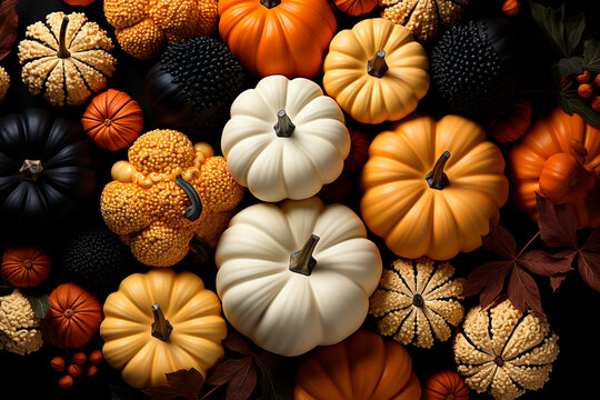 Overhead photo of a cute still life of pumpkins, on Halloween, in autumn.