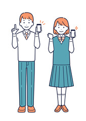 笑顔でスマホを持っている学生の男女＿全身