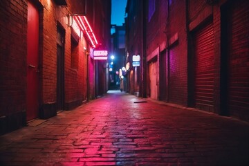 A neon light street at night  with red and blue light reflecting off the rough brick walls Ai generated.