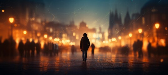 Fototapeta premium Young person walking at winter city sqaue. Generative AI technology.