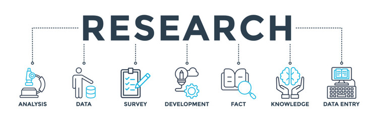 Research banner web icon vector illustration concept with icon of analysis, data, survey, development, fact, knowledge and data entry