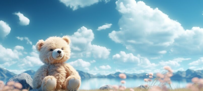 Bear doll at mountains nature landscape background. Generative AI technology.