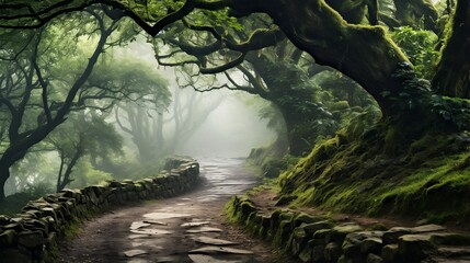 Misty forest path winding through ancient trees