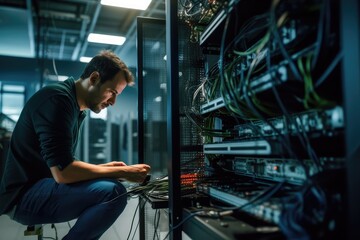 Latin American computer technician fixing office network server - foreground focus. Photo generative AI
