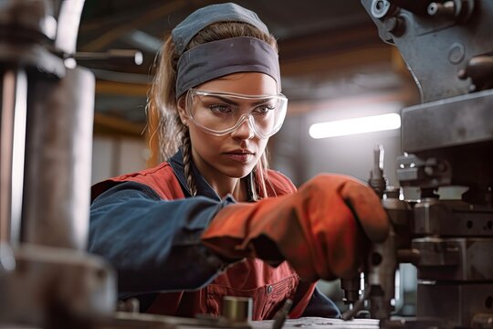 Female Apprentice Operating Yoke Machine In Factory Wearing Protective Glasses. Photo Generative AI