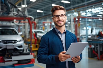 Male engineer with tablet at car plant. Confident professional in uniform by control panel. Photo generative AI
