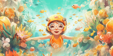 Creative illustration the little girl who dived into the underwater world