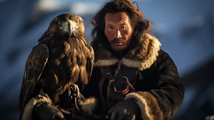 Zelfklevend Fotobehang Mongolian hunter with a golden Eagle.  © Jeff Whyte