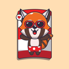 Cute red panda with sunglasses sleep on beach. 