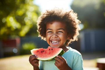 Boy happily eating watermelon at a picnic. 