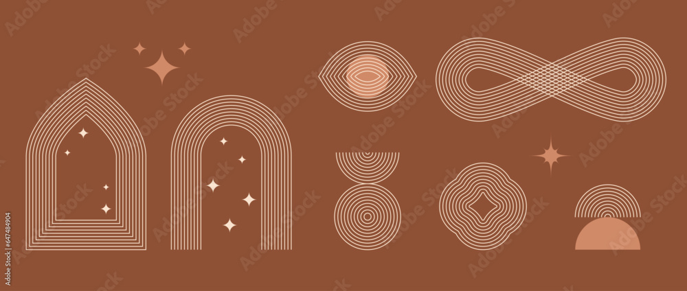Aufkleber Boho style linear frame element collection. Terracotta design forms with stars and arcs. Bohemian decorative ornamental border shapes for badge, icon, card, poster, banner, template. Vector bundle