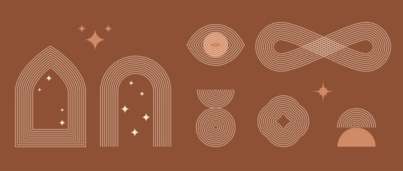 Boho style linear frame element collection. Terracotta design forms with stars and arcs. Bohemian decorative ornamental border shapes for badge, icon, card, poster, banner, template. Vector bundle