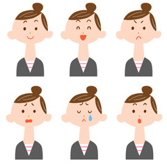 Fototapeta premium まとめ髪の女性の表情6種類 上半身 
