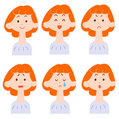 赤毛の女性の表情6種類　上半身

