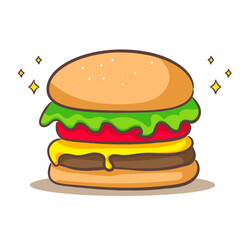 Hamburger or cheeseburger cartoon flat style. Fast food meal concept design. Isolated white background. Vector art illustration.