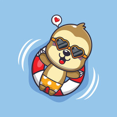 Cute sloth in sunglasses float with buoy. 