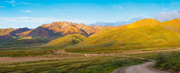 Scenic View Of The Park Road And Stony Dome Wining Down Highway Pass At Sunset, Denali National Park, Interior Alaska