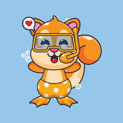Cute squirrel diving cartoon mascot character illustration. 