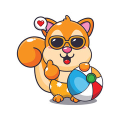 Cute squirrel in sunglasses with beach ball cartoon illustration. 
