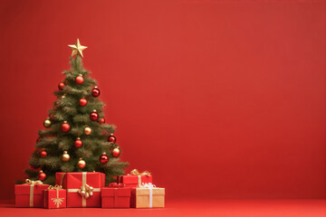 Christmas and New Year background, Christmas tree and gift box, red background,copy space
