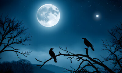 Obraz na płótnie Canvas Halloween theme with full moon, spooky crows on tree branch. AI generative.
