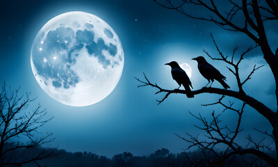 Halloween theme with full moon, spooky crows on tree branch. AI generative.