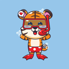 Cute tiger diving cartoon mascot character illustration. 