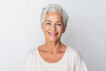 portrait of a beautiful senior woman and smiling with clean teeth and perfect skin isolated on light blue background, for spa advertising, copy space