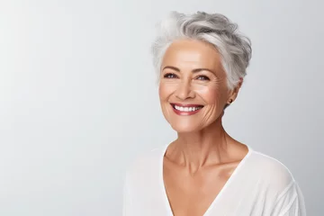  portrait of a beautiful senior woman and smiling with clean teeth and perfect skin isolated on light blue background, for spa advertising, copy space © Kien
