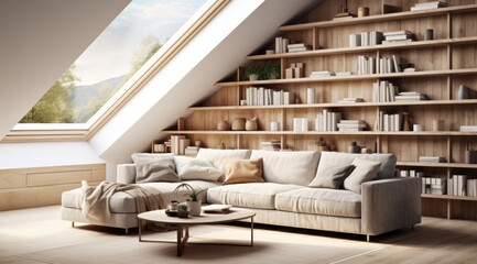 Corner sofa against shelving unit, Scandinavian home interior design of modern living room in attic in farmhouse - generative ai - obrazy, fototapety, plakaty