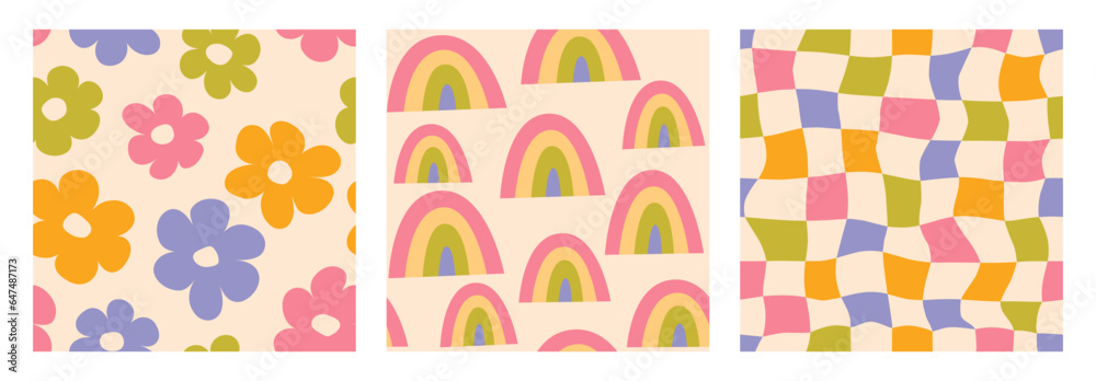 Aufkleber Groovy seamless background set. Repeating retro rainbows, daisies and checkered pattern collection. Vintage psychedelic checkerboard wallpapers. Distorted colorful backdrop in 60s, 70s style. Vector