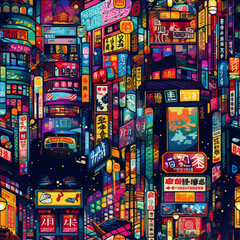 Fototapeta na wymiar seamless pattern bustling Tokyo street at night, neon signs illuminating the scene, a mix of traditional Japanese architecture and modern skyscraper 