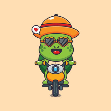 Cool turtle with sunglasses riding a motorcycle in summer day. 