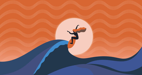 Surfer girl on surfboard on waves of sea in summer at orange sunset with sun behind - Mujer surfista en tabla sobre las olas del mar en verano al atardecer naranja con el sol detrás - obrazy, fototapety, plakaty
