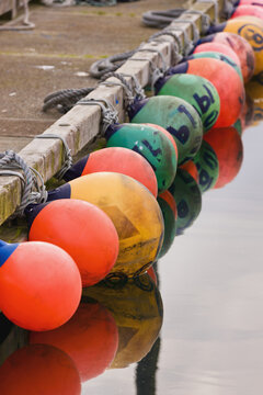 A Row Of Multicolored Buoys Tied To A Dock In Sand Point Harbor, Southwestern Alaska, USA, Summer