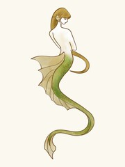 大きな背ビレを持つかわいい人魚　手描きイラスト　竜神・水神の女性擬人化、人魚、マーメイド
 - obrazy, fototapety, plakaty