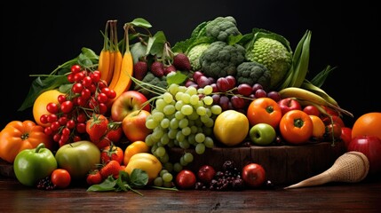 Studio shot of various fruits and vegetables isolated on black background. Top view. High resolution products