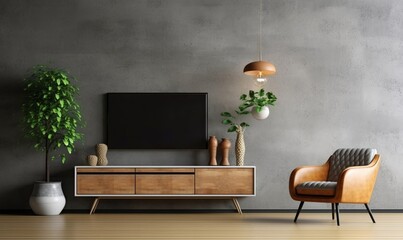 TV on Cabinet in modern living room with leather armchair and decoration have concrete wall background, Generative AI 