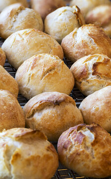 Close Up Of Round Crusty Buns On Wire Cooling Rack; Calgary, Alberta, Canada