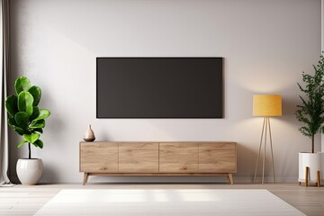 Mockup a TV wall mounted in a living room room with a white wall, Generative AI 