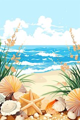 Obraz premium Beach Wedding Invitation: A beach-themed card featuring seashells and serene ocean waves.Generated with AI