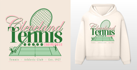 logo slogan graphic, retro tennis club university with sport, shield and laurel. city cleveland, health and fitness club summer SS23 tennis crest sport  © Ozymandias1927