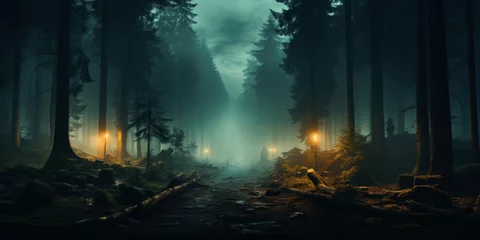 Crédence de cuisine en verre imprimé Forêt des fées Mysterious dark forest with fog and sunbeams