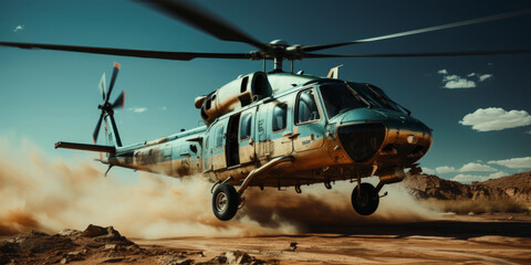 a helicopter lands in the desert - obrazy, fototapety, plakaty