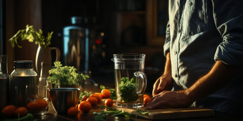 Close-up of male hands preparing smoothie with fresh fruits and berries
