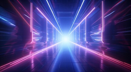 Neon Tunnel with Vibrant Pink and Blue Lights, Futuristic Design, Copy Space